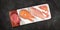 Fresh proteins panorama. Raw beef meat, salmon fish, chicken breast, and shrimps