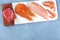 Fresh proteins. Raw beef meat, salmon fish, chicken breast, and shrimps