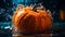 Fresh pumpkin drops in spooky Halloween water generated by AI