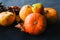 Fresh pumpkins and pear. Autumn composition, food background. Autumn, fall, thanksgiving concept.