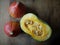 Fresh pumpkins on a wooden table