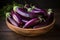 Fresh purple eggplants in plate. Generative AI