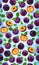 Fresh purple plum seamless pattern, slices, pits, leaves, core. Set of fruits. Vector illustration on grunge