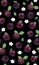 Fresh purple plum seamless pattern with white cherry blossom on black background