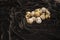 Fresh quail eggs on a black velvet background, quail eggs for a delicious Easter holiday