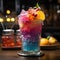 Fresh rainbow transparent cocktail with strawberry and citrus