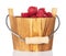 Fresh raspberries in a wooden bucket