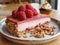 Fresh Raspberry Cheesecake Slice with Nutty Base on Ceramic Plate with Cupcake in Background