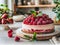 Fresh Raspberry Layered Cake on Elegant Kitchen Countertop, Home Baking Concept with Berries and Mint Decor