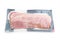 Fresh raw bacon in package on white background