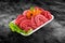 Fresh raw beef minced meat decorated with vegetables and clipping path