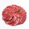 Fresh raw beef pieces arranged elegantly against pristine white background