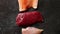 Fresh raw beef steak, chicken breast, and salmon fillet