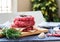 Fresh raw burger cutlets, outdoor background