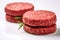 Fresh raw burger patties on a white background, created by Generative AI