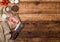 Fresh raw butchers lamb beef cutlets on chopping board with vintage meat hatchet on wooden background.Salt, pepper and oil with