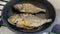 Fresh raw dorado fish or sea bream with in a dark frying pan. Mediterranean Kitchen. Top view Healthy and diet food