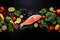 Fresh raw fish with vegetables and spices on black background, top view, Healthy food clean eating selection: fish, fruits,