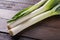 Fresh raw leek slices on wooden  background. Ripe onion