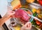 Fresh raw meat on a shelf open refrigerator