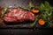 Fresh raw meat on slate black board top view, beef steak, spices, seasoning for cooking