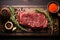 Fresh raw meat on slate black board top view, beef steak, spices, seasoning for cooking, grilling, black angus prime