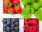 Fresh raw organic berries in white vintage wooden box on kitchen table background. Top view. Close up. Strawberry, Raspberry, Blue