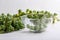 Fresh raw organic brussels sprouts stalks on white background