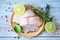 Fresh raw pangasius fish fillet with herb and spices black pepper lemon lime and rosemary, meat dolly fish tilapia striped catfish