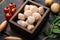 Fresh raw scallops ingredients for cooking, on dark wooden background