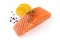 Fresh raw uncooked salmon fillet slice steak isolated on white backgroundwith seasoning and lemon