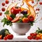 Fresh raw vegetables and fruits, dynamic bursting flying creative layou