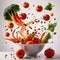 Fresh raw vegetables and fruits, dynamic bursting flying creative layout