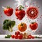 Fresh raw vegetables and fruits, dynamic bursting flying creative layout