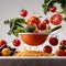 Fresh raw vegetables and fruits, dynamic bursting flying creative layout