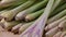 Fresh raw whole and sliced lemongrass at the market close up