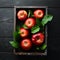 Fresh red apples with green leaves on a black background. Fruits. Top view.