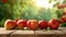 Fresh red apples on wooden table with blurred apple farm background. Generative AI