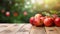 Fresh red apples on wooden table with blurred apple farm background. Generative AI