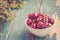 Fresh red cherries in a bowl, outdoors on a garden table