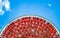 Fresh red cherry on a sieve against the blue sky, drying of berries in a dryer.