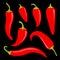 Fresh red chili cayenne peppers. Chili hot pepper icon set. Hot food spices. Sticker print template. Flat design. Isolated. Black
