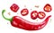 Fresh red chilli pepper and cross sections of chilli pepper with seeds floating in the air.  White background. File contains