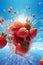 fresh red fruit strawberry freshness background splash water healthy blue food. Generative AI.