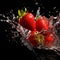 Fresh red strawberries cascade into water, creating a mesmerizing splash as they hit the surface, momentarily sending droplets