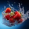 Fresh red strawberries cascade into water, creating a mesmerizing splash as they hit the surface, momentarily sending droplets