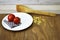 Fresh red tomato oats kitchen cloth spoon wooden surface rustic food breakfast healthy organic