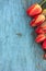 Fresh red tulip flowers on blue wooden table - Shabby chic. Top view with copy space