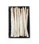 Fresh ripe asparagus in plastic pack isolated, top view