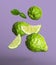 Fresh ripe bergamot fruits falling on purple background